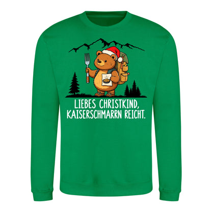 Liebes Christkind Sweater in Kelly Green – Vorderansicht mit Kaiserbär-Weihnachtsmotiv