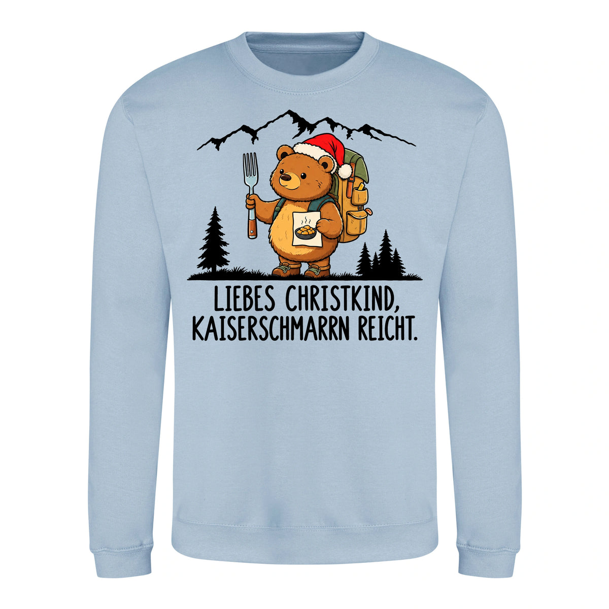 Liebes Christkind Sweater in Sky Blue – Vorderansicht mit Kaiserbär-Weihnachtsmotiv