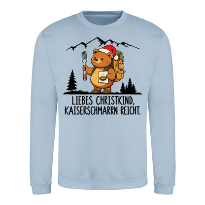 Liebes Christkind Sweater in Sky Blue – Vorderansicht mit Kaiserbär-Weihnachtsmotiv