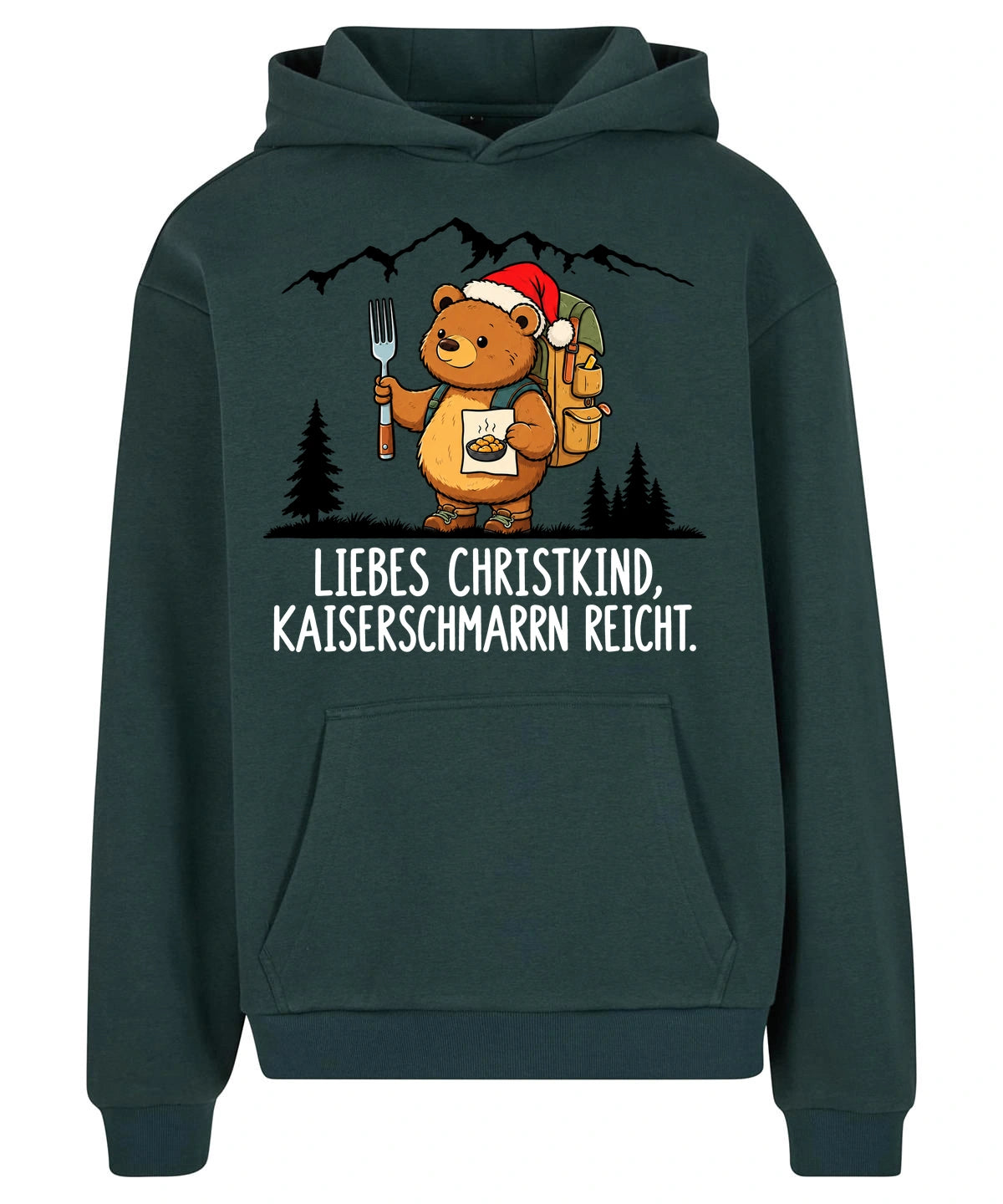 Liebes Christkind Hoodie in Bottle Green – Vorderansicht mit Kaiserbär-Weihnachtsmotiv