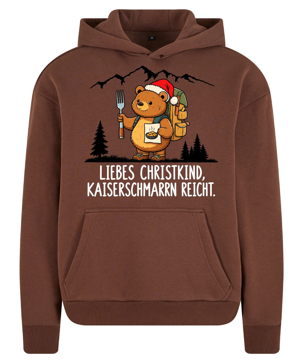 Liebes Christkind Hoodie in Chocolate Brown – Vorderansicht mit Kaiserbär-Weihnachtsmotiv