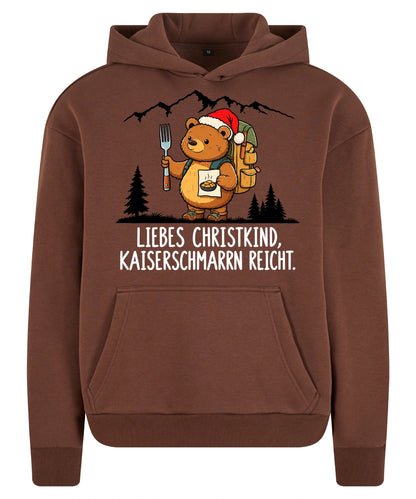 Liebes Christkind Hoodie in Chocolate Brown – Vorderansicht mit Kaiserbär-Weihnachtsmotiv