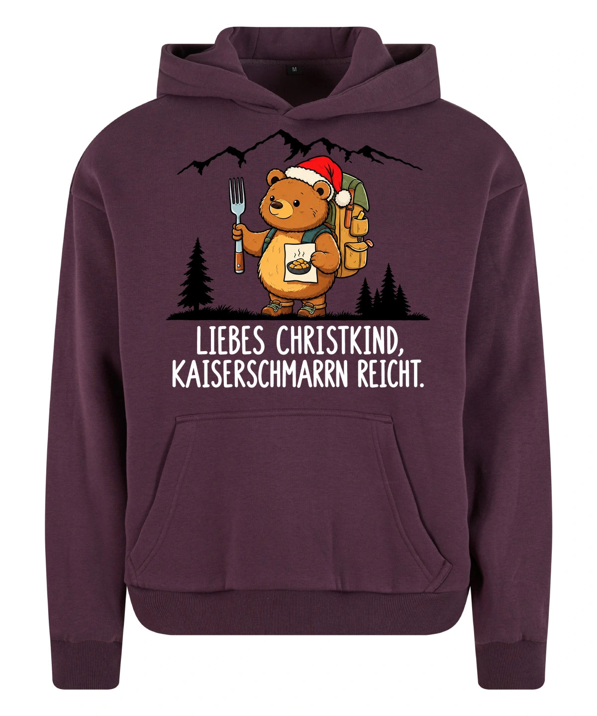 Liebes Christkind Hoodie in Plum Purple – Vorderansicht mit Kaiserbär-Weihnachtsmotiv