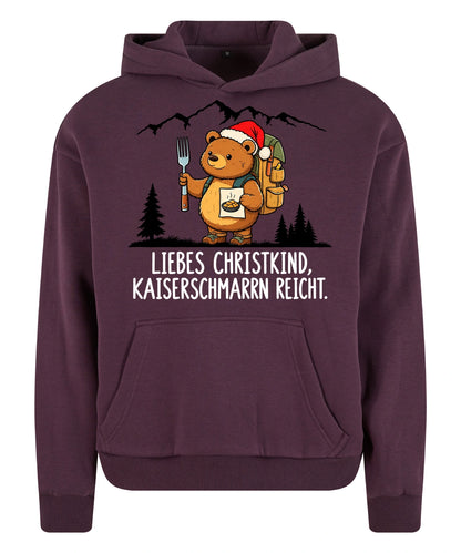 Liebes Christkind Hoodie in Plum Purple – Vorderansicht mit Kaiserbär-Weihnachtsmotiv