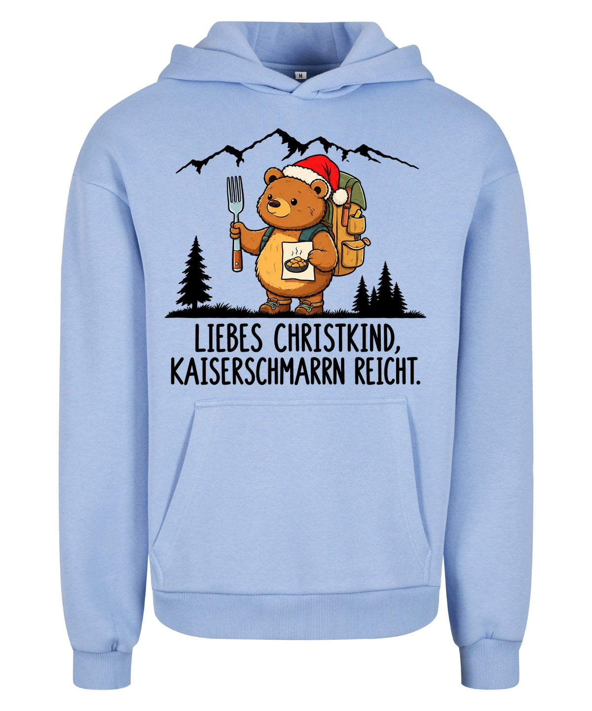 Liebes Christkind Hoodie in Powder Blue – Vorderansicht mit Kaiserbär-Weihnachtsmotiv