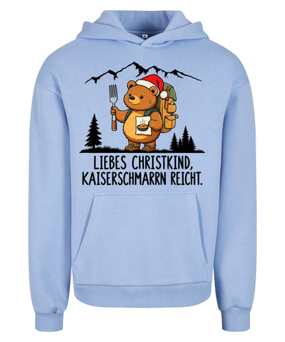 Liebes Christkind Hoodie in Powder Blue – Vorderansicht mit Kaiserbär-Weihnachtsmotiv