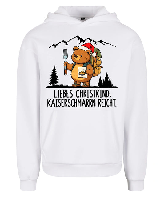 Liebes Christkind Hoodie in White – Vorderansicht mit Kaiserbär-Weihnachtsmotiv