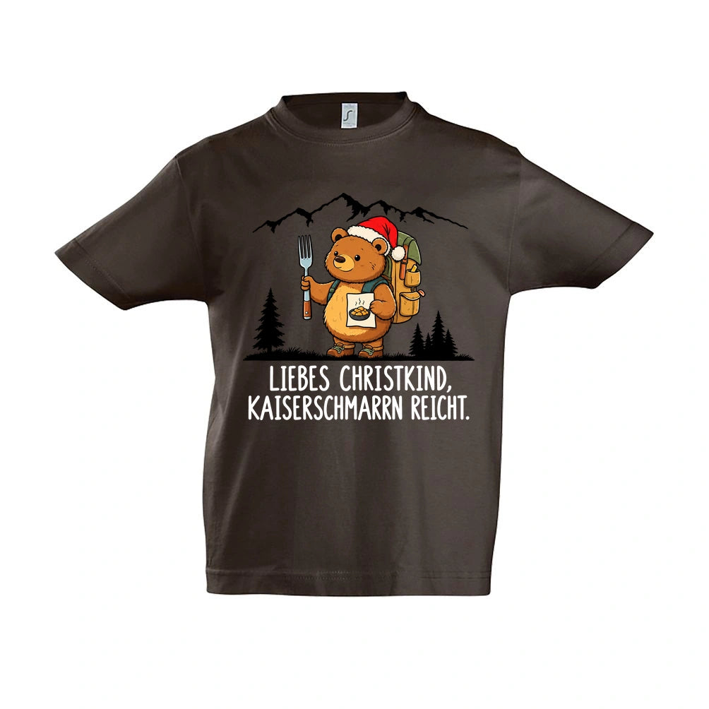Liebes Christkind Kinder T-Shirt in Chocolate – Vorderansicht, Motiv mittig zwischen den Ärmelansätzen