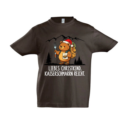 Liebes Christkind Kinder T-Shirt in Chocolate – Vorderansicht, Motiv mittig zwischen den Ärmelansätzen
