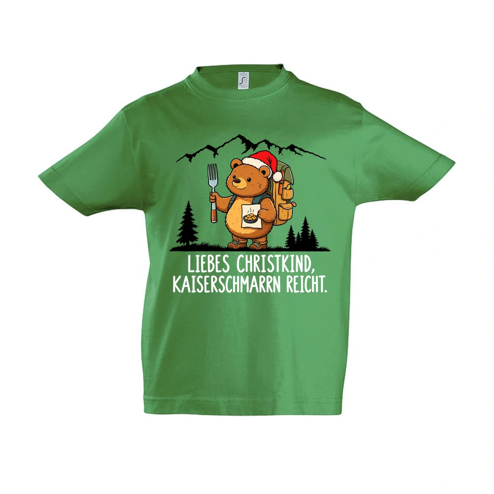 Liebes Christkind Kinder T-Shirt in Kelly Green – Vorderansicht, Motiv mittig zwischen den Ärmelansätzen