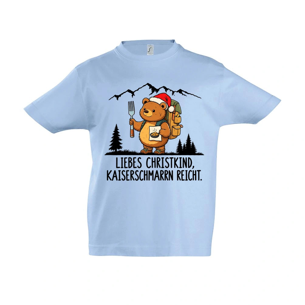 Liebes Christkind Kinder T-Shirt in Sky Blue – Vorderansicht, Motiv mittig zwischen den Ärmelansätzen