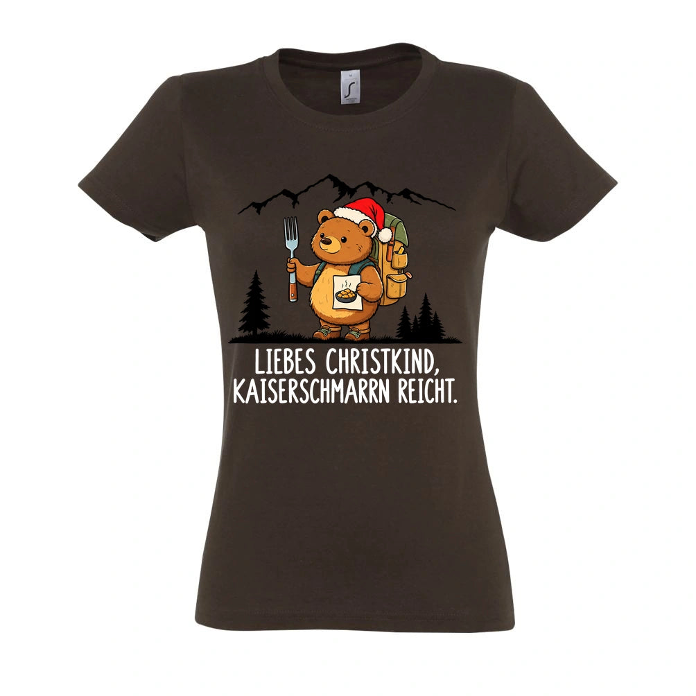 Liebes Christkind Frauen Shirt in Chocolate – Vorderansicht mit Kaiserbär-Weihnachtsmotiv