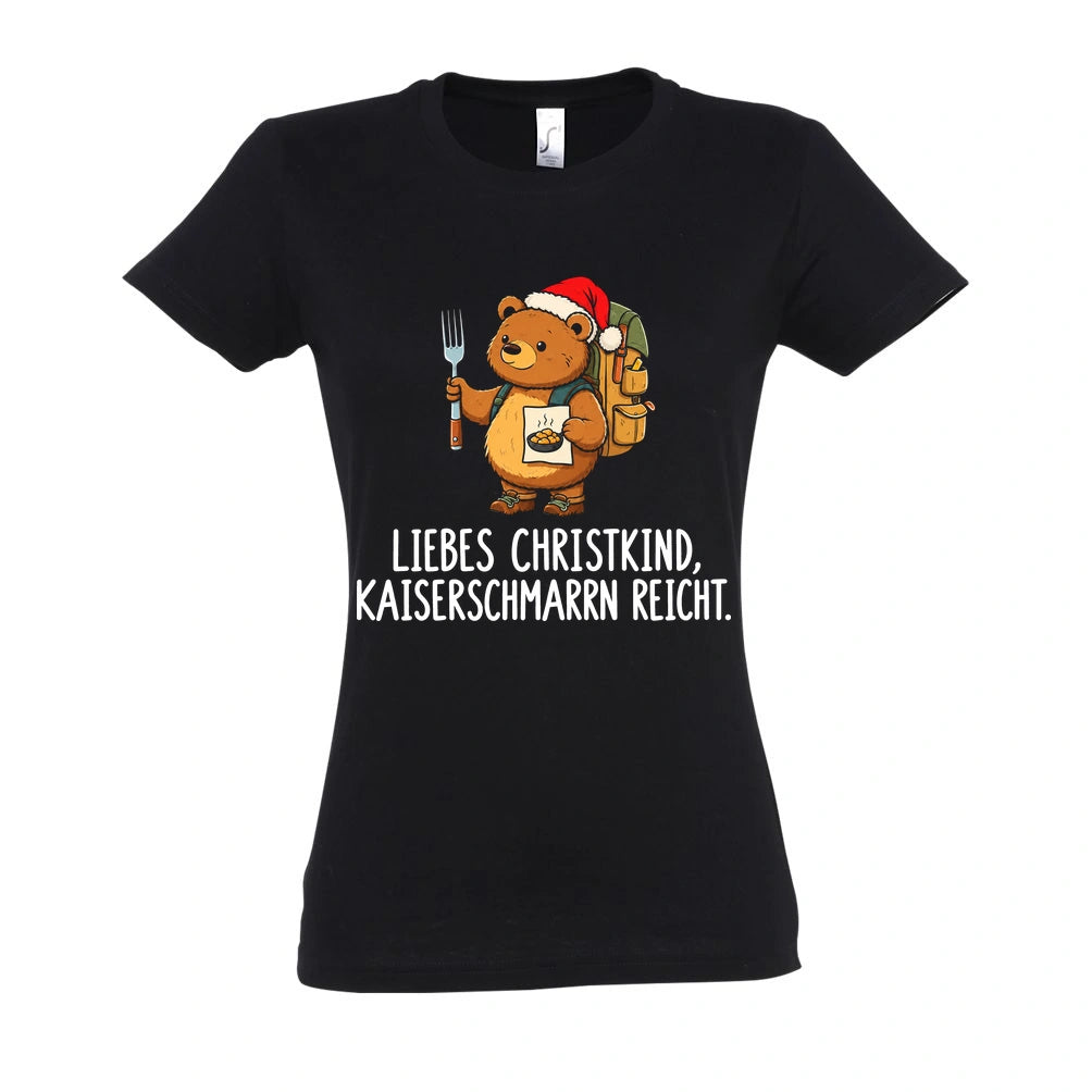 Liebes Christkind Frauen Shirt in Deep Black – Vorderansicht mit Kaiserbär-Weihnachtsmotiv