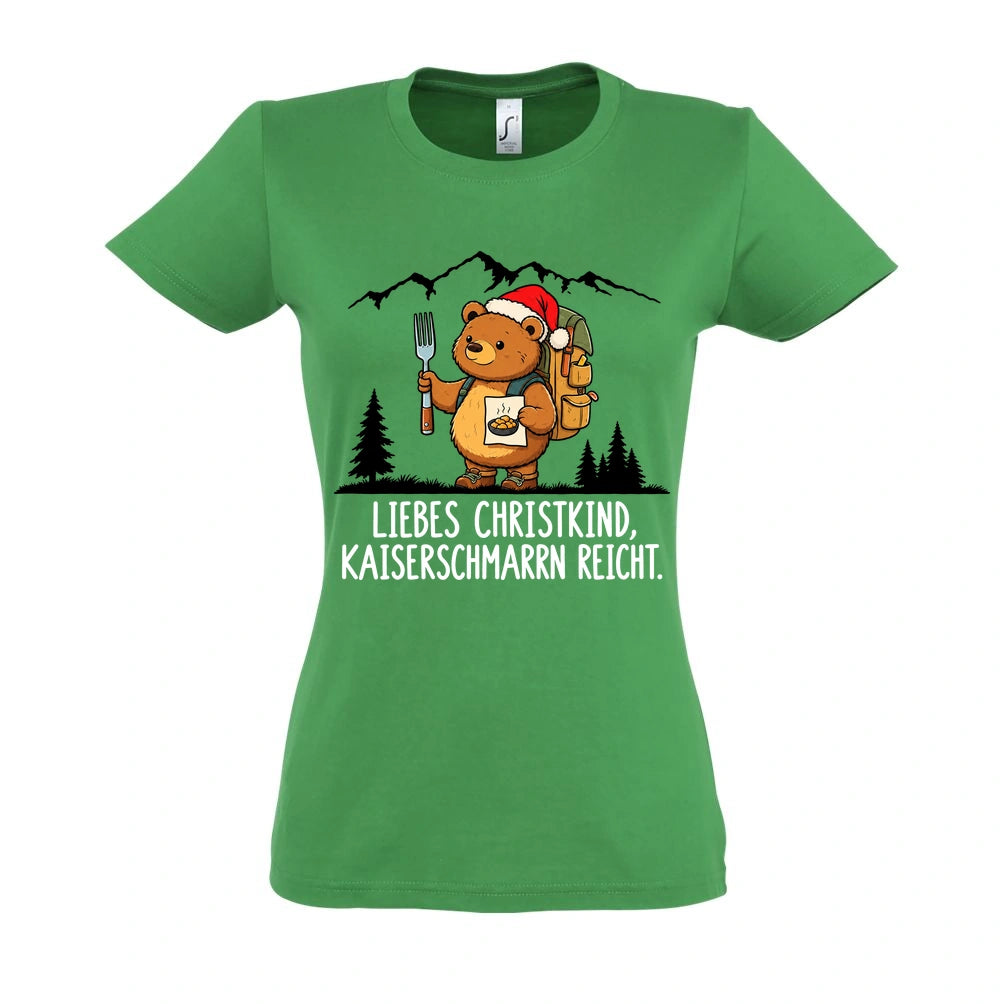 Liebes Christkind Frauen Shirt in Kelly Green – Vorderansicht mit Kaiserbär-Weihnachtsmotiv