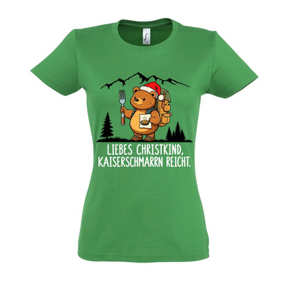Liebes Christkind Frauen Shirt in Kelly Green – Vorderansicht mit Kaiserbär-Weihnachtsmotiv