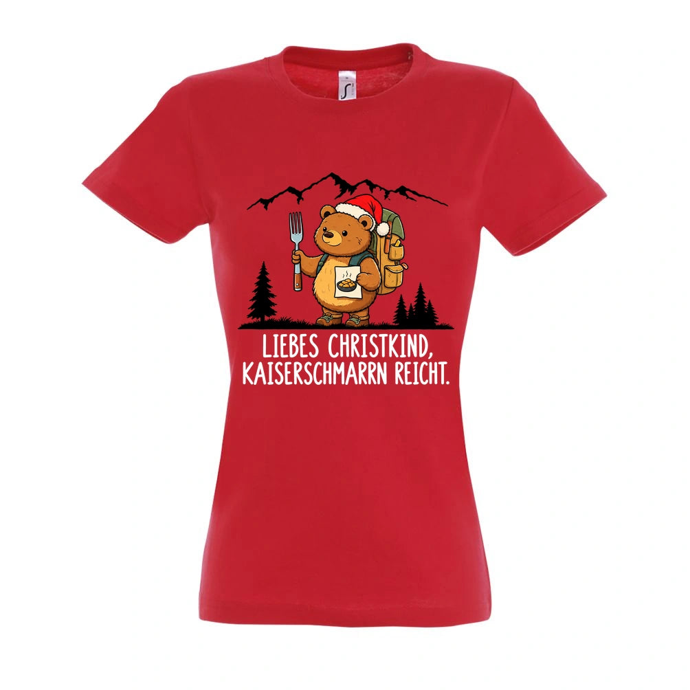 Liebes Christkind Frauen Shirt in Red – Vorderansicht mit Kaiserbär-Weihnachtsmotiv