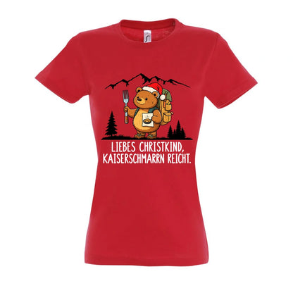 Liebes Christkind Frauen Shirt in Red – Vorderansicht mit Kaiserbär-Weihnachtsmotiv