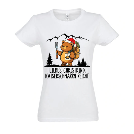 Liebes Christkind Frauen Shirt in White – Vorderansicht mit Kaiserbär-Weihnachtsmotiv