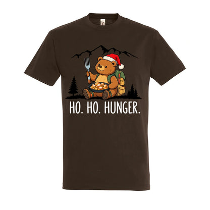 Ho Ho Hunger T-Shirt Unisex in Chocolate – Vorderansicht mit Kaiserbär-Weihnachtsmotiv