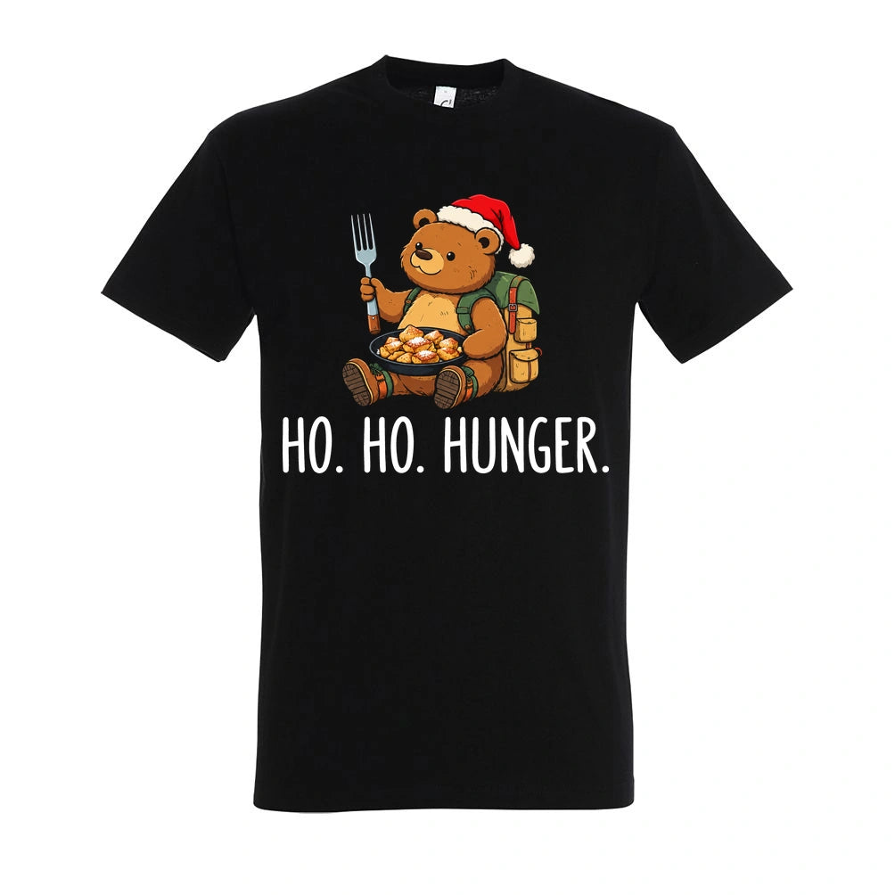 Ho Ho Hunger T-Shirt Unisex in Deep Black – Vorderansicht mit Kaiserbär-Weihnachtsmotiv