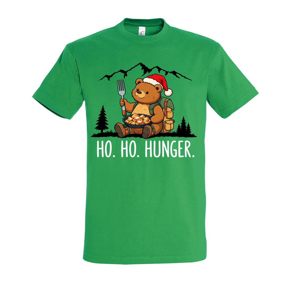 Ho Ho Hunger T-Shirt Unisex in Kelly Green – Vorderansicht mit Kaiserbär-Weihnachtsmotiv