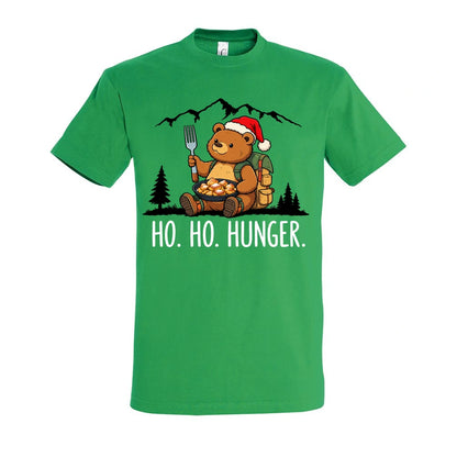 Ho Ho Hunger T-Shirt Unisex in Kelly Green – Vorderansicht mit Kaiserbär-Weihnachtsmotiv