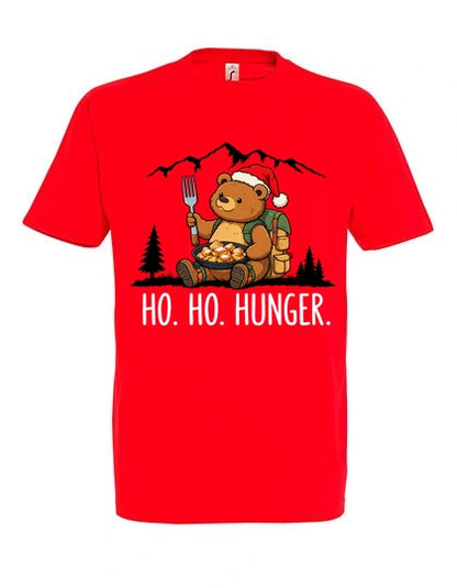 Ho Ho Hunger T-Shirt Unisex in Red – Vorderansicht mit Kaiserbär-Weihnachtsmotiv