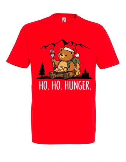 Ho Ho Hunger T-Shirt Unisex in Red – Vorderansicht mit Kaiserbär-Weihnachtsmotiv