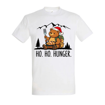 Ho Ho Hunger T-Shirt Unisex in White – Vorderansicht mit Kaiserbär-Weihnachtsmotiv