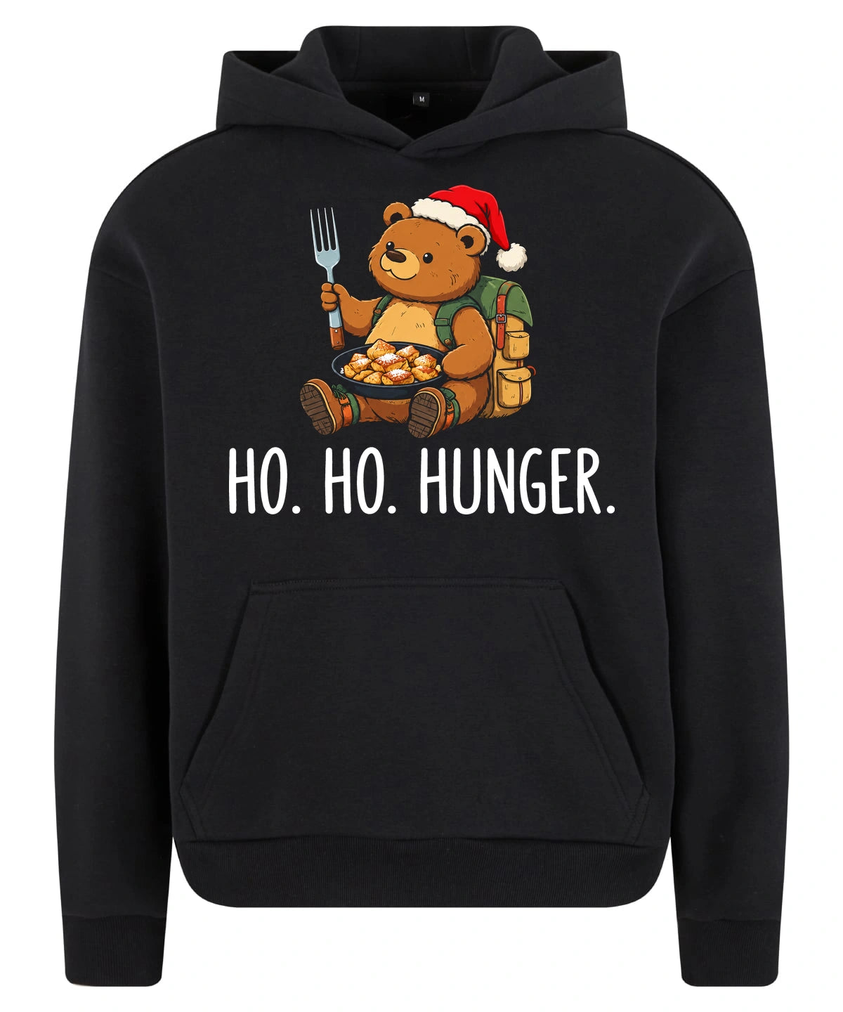 Ho Ho Hunger Hoodie in Black – Vorderansicht mit Kaiserbär-Weihnachtsmotiv