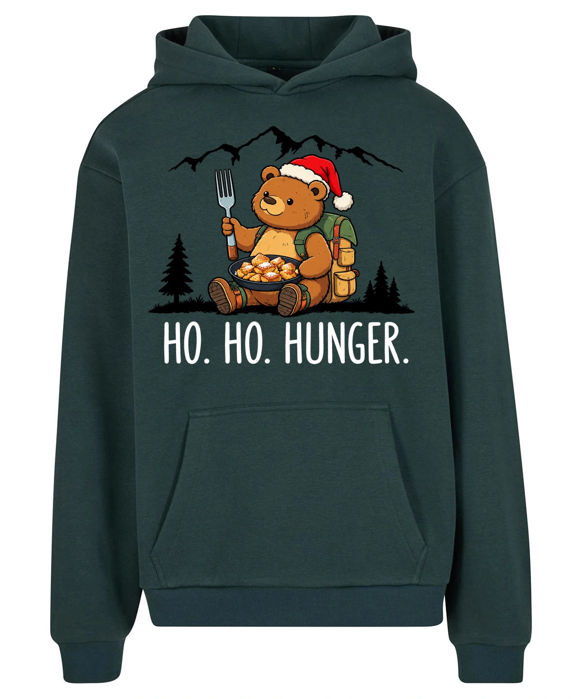 Ho Ho Hunger Hoodie in Bottle Green – Vorderansicht mit Kaiserbär-Weihnachtsmotiv