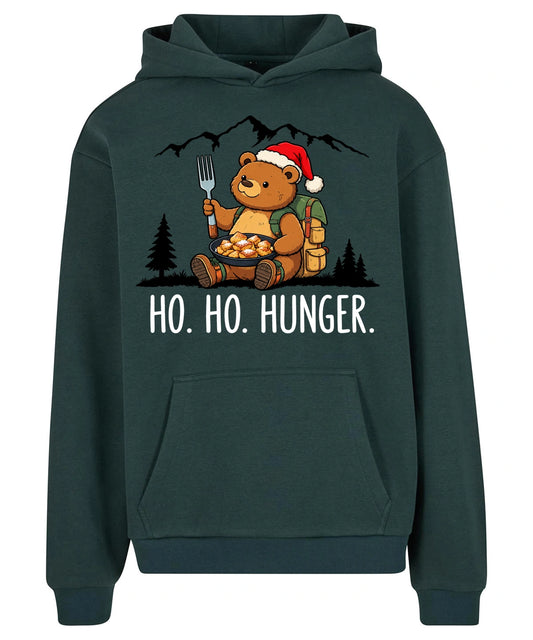 Ho Ho Hunger Hoodie in Bottle Green – Vorderansicht mit Kaiserbär-Weihnachtsmotiv