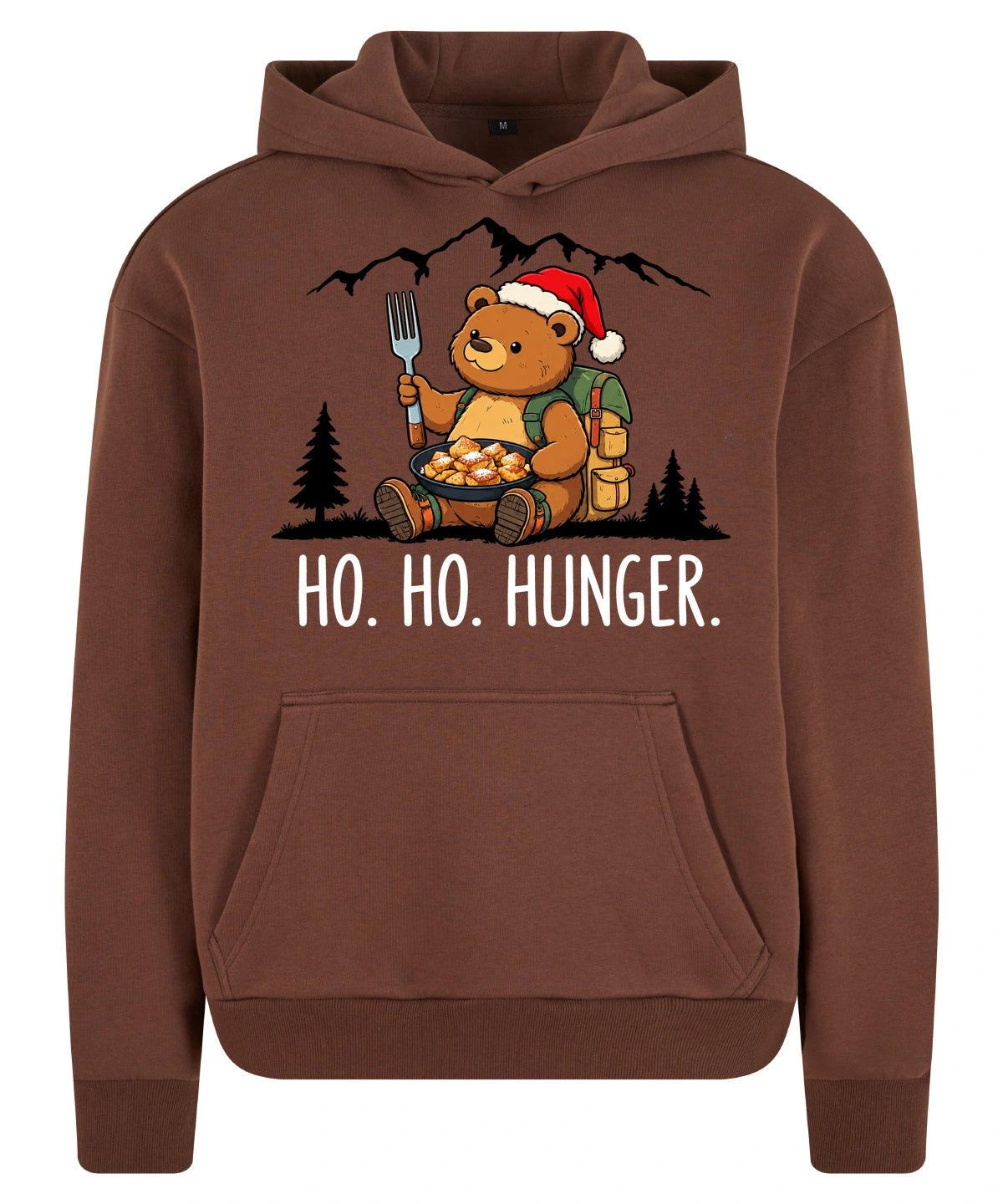 Ho Ho Hunger Hoodie in Chocolate Brown – Vorderansicht mit Kaiserbär-Weihnachtsmotiv