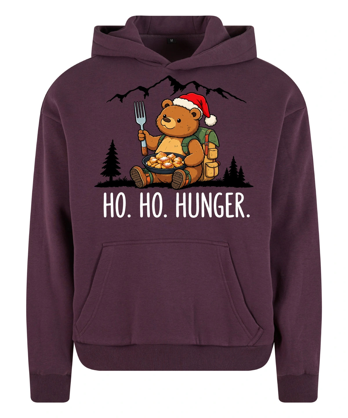 Ho Ho Hunger Hoodie in Plum Purple – Vorderansicht mit Kaiserbär-Weihnachtsmotiv