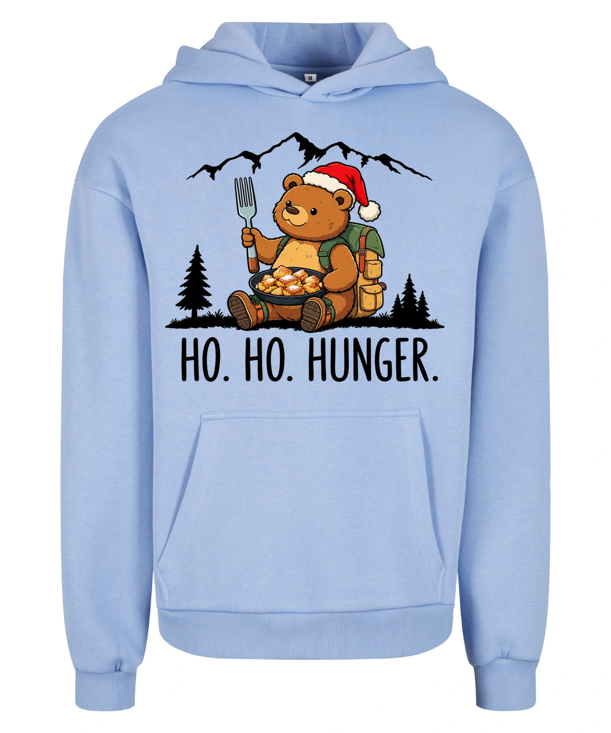 Ho Ho Hunger Hoodie in Powder Blue – Vorderansicht mit Kaiserbär-Weihnachtsmotiv
