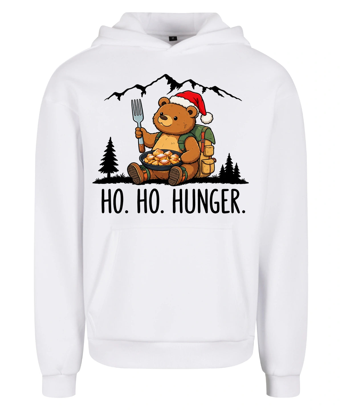 Ho Ho Hunger Hoodie in White – Vorderansicht mit Kaiserbär-Weihnachtsmotiv