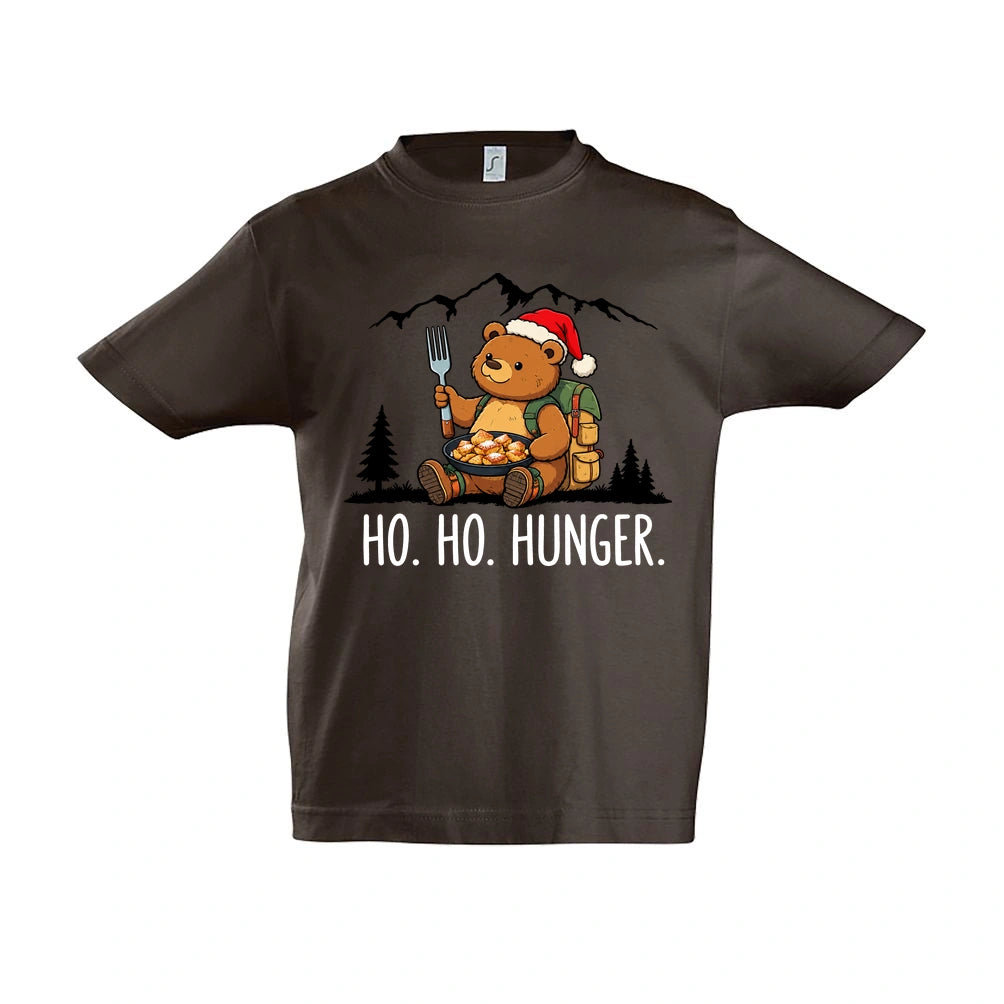 Ho Ho Hunger Kinder T-Shirt in Chocolate – Vorderansicht, Motiv mittig zwischen den Ärmelansätzen