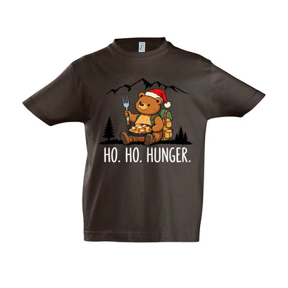 Ho Ho Hunger Kinder T-Shirt in Chocolate – Vorderansicht, Motiv mittig zwischen den Ärmelansätzen