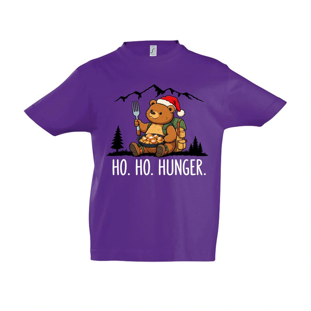 Ho Ho Hunger Kinder T-Shirt in Dark Purple – Vorderansicht, Motiv mittig zwischen den Ärmelansätzen
