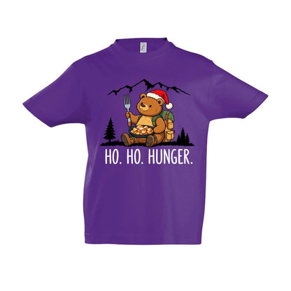 Ho Ho Hunger Kinder T-Shirt in Dark Purple – Vorderansicht, Motiv mittig zwischen den Ärmelansätzen