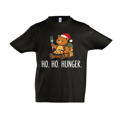 Ho Ho Hunger Kinder T-Shirt in Deep Black – Vorderansicht, Motiv mittig zwischen den Ärmelansätzen