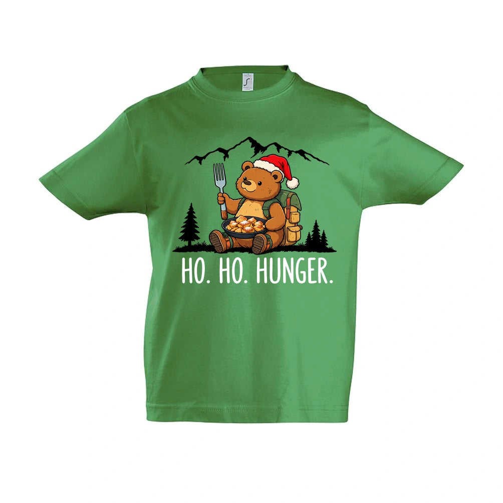 Ho Ho Hunger Kinder T-Shirt in Kelly Green – Vorderansicht, Motiv mittig zwischen den Ärmelansätzen