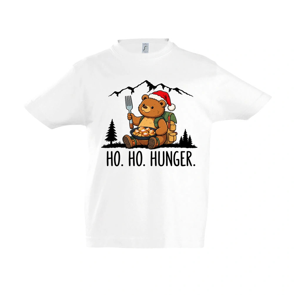Ho Ho Hunger Kinder T-Shirt in White – Vorderansicht, Motiv mittig zwischen den Ärmelansätzen