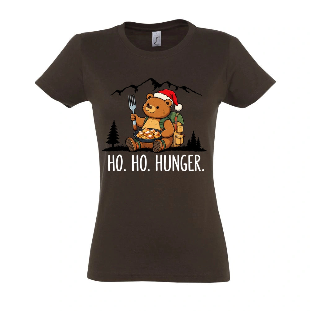 Ho Ho Hunger Frauen Shirt in Chocolate – Vorderansicht mit Kaiserbär-Weihnachtsmotiv