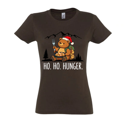 Ho Ho Hunger Frauen Shirt in Chocolate – Vorderansicht mit Kaiserbär-Weihnachtsmotiv