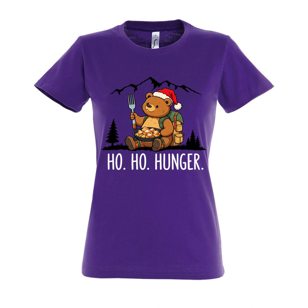 Ho Ho Hunger Frauen Shirt in Dark Purple – Vorderansicht mit Kaiserbär-Weihnachtsmotiv