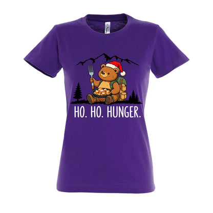 Ho Ho Hunger Frauen Shirt in Dark Purple – Vorderansicht mit Kaiserbär-Weihnachtsmotiv