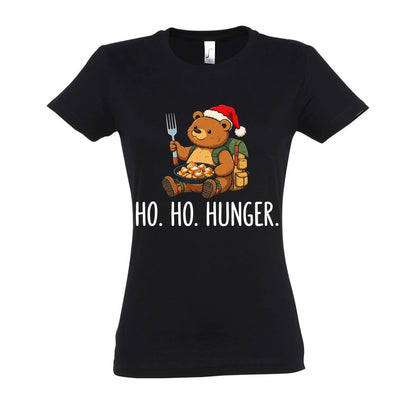 Ho Ho Hunger Frauen Shirt in Deep Black – Vorderansicht mit Kaiserbär-Weihnachtsmotiv