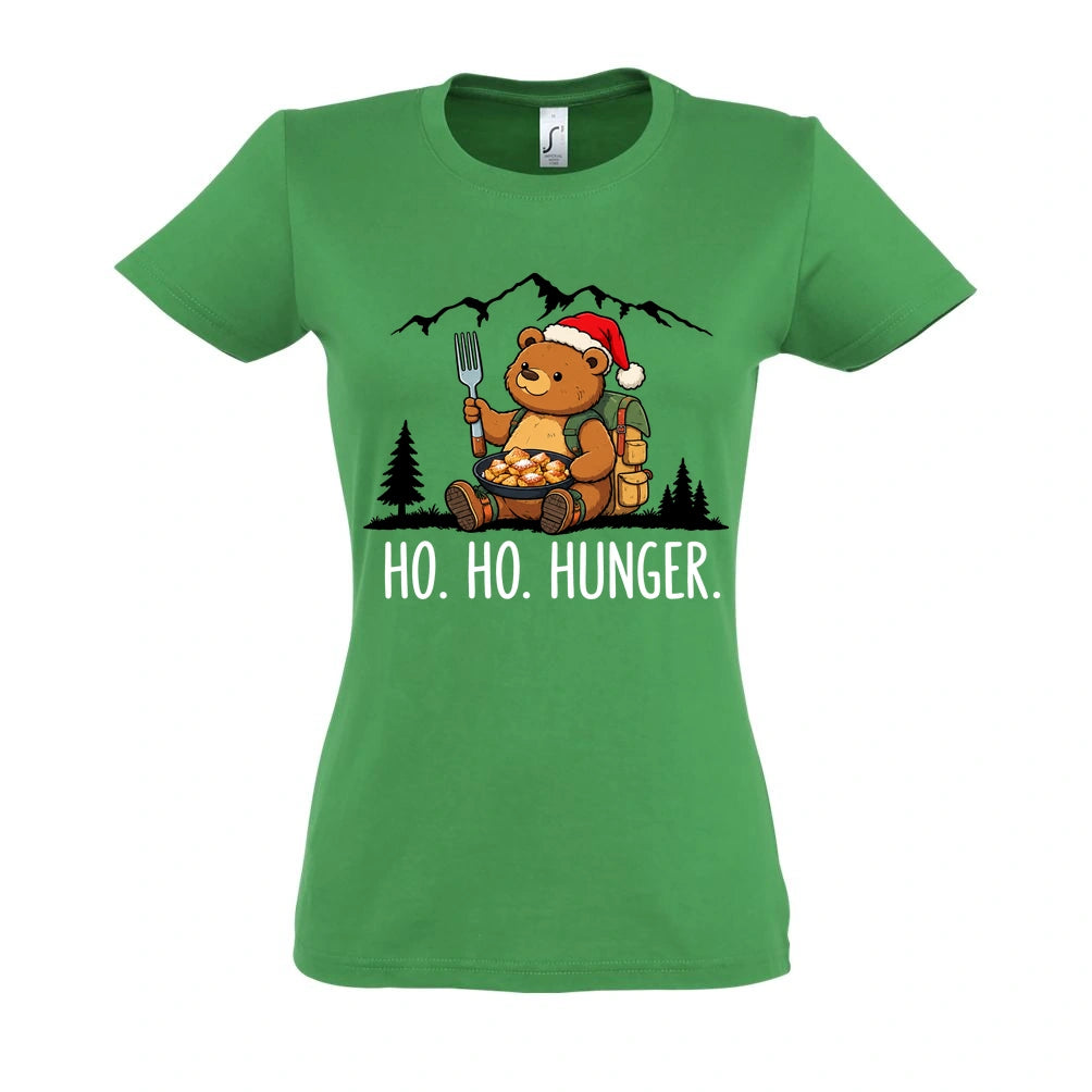 Ho Ho Hunger Frauen Shirt in Kelly Green – Vorderansicht mit Kaiserbär-Weihnachtsmotiv