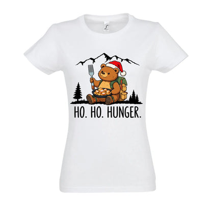 Ho Ho Hunger Frauen Shirt in White – Vorderansicht mit Kaiserbär-Weihnachtsmotiv